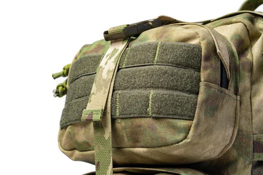 Close up still life of a green army tactical backpack