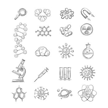 Icons of science, medicine and education vector collection doodle. Hand drawn pictograms, sketch set.
