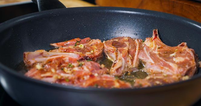 Lamb Cooking. Delicious Meat dish. Close Up. Appetizing Meat Dish.