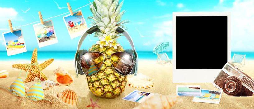 Creative pineapple with sunglasses on summer background.
