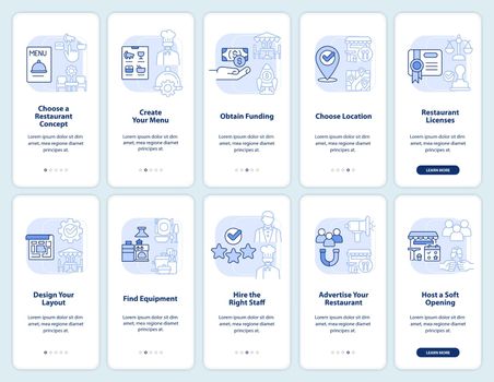 Popular restaurant ideas light blue onboarding mobile app screen set