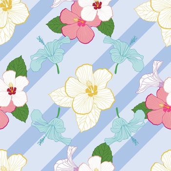 Seamless pattern with hibiscus flowers on blue stripes