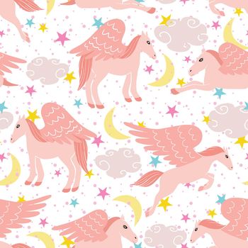 Cute pink pegasus vector seamless pattern design illustration