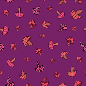 Seamless pattern of mushrooms on purple background