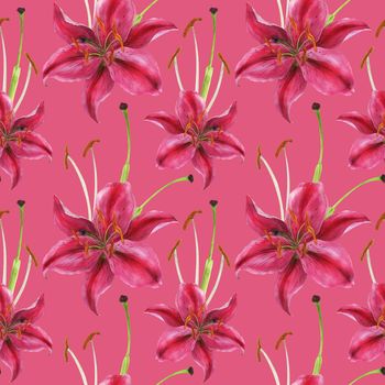 Stargazer lily watercolor pink seamless pattern