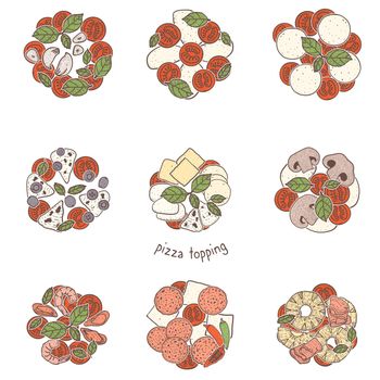 Pizza popular toppings, sketching illustration