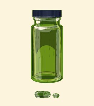 Medical green glass flacon and pills, hand drawn sketch art