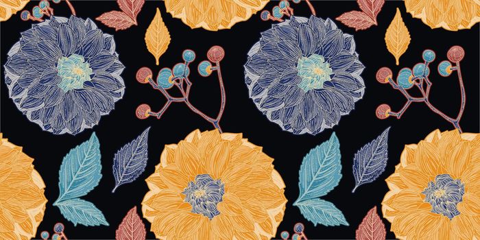 Black seamless pattern with dahlia flowers