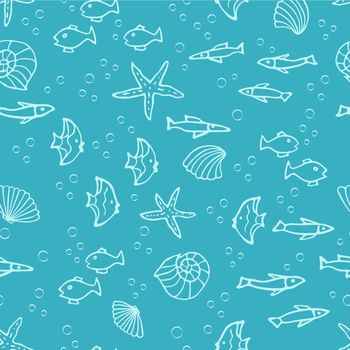Seamless pattern with fish icons, shells, starfish on a blue background. Vector illustration