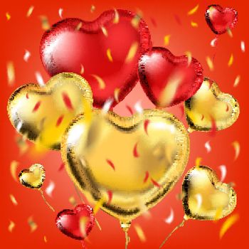 Gold and red metallic heart shape balloons and foil confetti