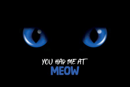 You Had Me At Meow. Vector 3d Realistic Blue Glowing Cats Eyes of a Black Cat. Cat Look in the Dark Black Background Closeup. Glowing Cat or Panther Eyes
