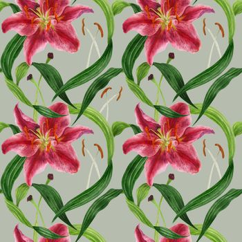 Tropical lily watercolor seamless pattern