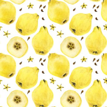 Yellow quince fruits and seeds seamless pattern