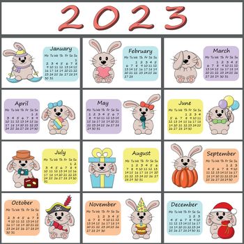Calendar for 2023 with cute cartoon characters Rabbits