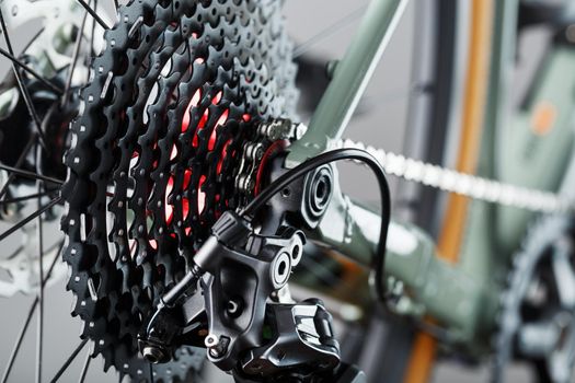 Rear bicycle cassette speeds with a wide range and chain close-up