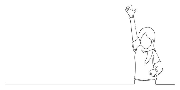 continuous line drawing of happiness student hand up volunteer