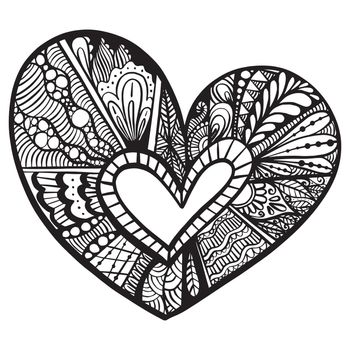 Vector Hand drawn black hearts in zentangle style. Zen doodle Pattern for coloring book. Valentine's day background. Coloring monochrome page for adult anti stress.