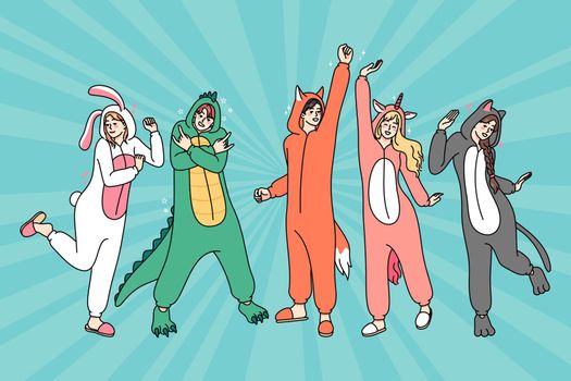 Happy people in animal costumes dancing