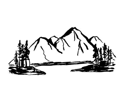 Mountain ranges and tree silhouette sketch. Vector illustration isolated on white background. Doodle drawing landscape