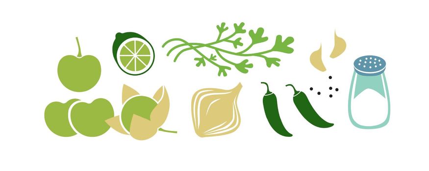 Fresh raw ingredients for salsa verde or green salsa. Horizontal vector illustration isolated on white.