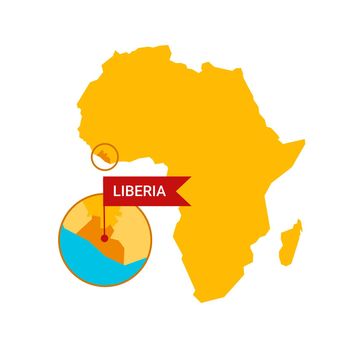 Liberia on an Africa s map with word Liberia on a flag-shaped marker. Vector isolated on white.