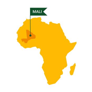 Mali on an Africa s map with word Mali on a flag-shaped marker.