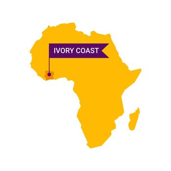 Ivory Coast on an Africa s map with word Ivory Coast on a flag-shaped marker.