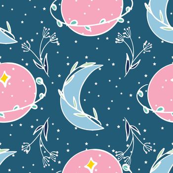 Celestial florals vector repeat pattern design on blue background