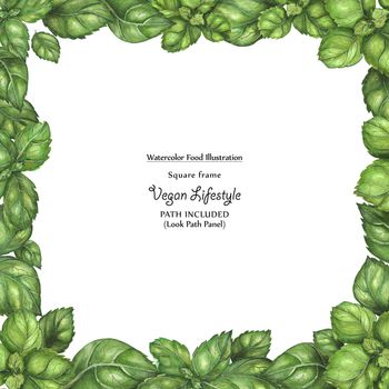 Watercolor square vegan frame by freshness basil leaves