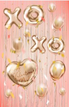 Valentines card with foil balloons on the coral background