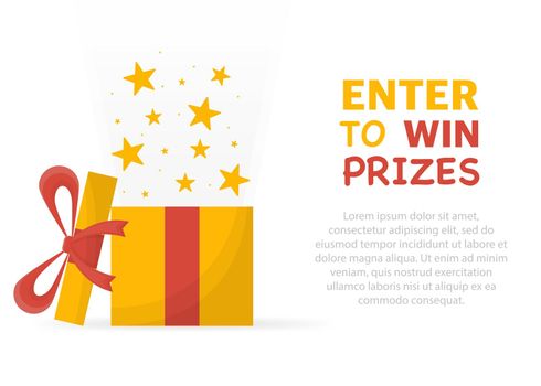 Enter to win prizes. Prize box opening and exploding with fireworks and confetti.