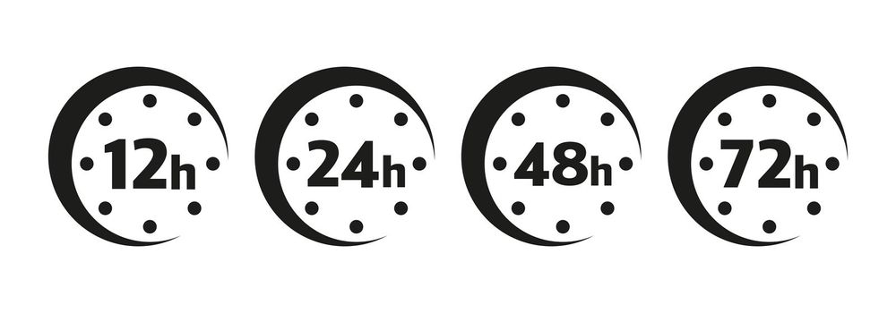 12, 24, 48 and 72 hours clock arrow. Vector work time effect or delivery service time icons.