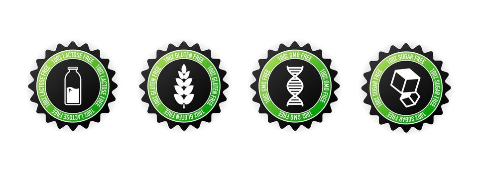 Flat icon with lactose gluten gmo sugar free stamp. Organic signs. Vector illustration.