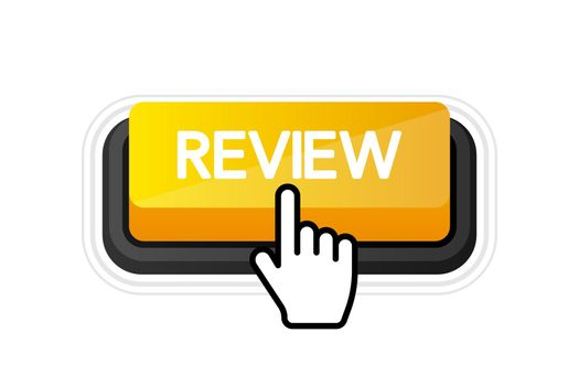 Icon with yellow review 3D button on white background for web marketing design. Flat deign. Social media element. White background. Vector illustration.