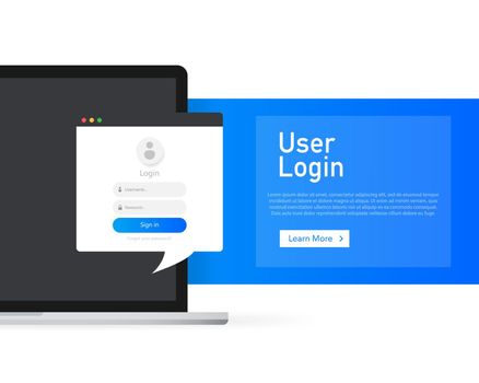 Data secure. Banner with user login laptop. Data protection. Vector illustration.