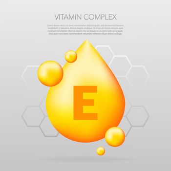 Vitamin E shining pill capcule icon. Shining golden substance drop. Meds ads. Beauty treatment nutrition skin care design. Vector illustration