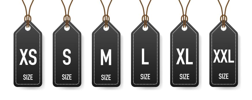 Collection of clothing size labels isolated on white background. Vector illustration.