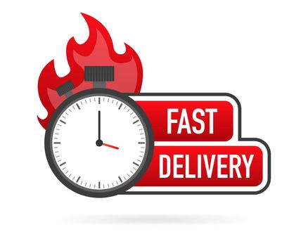 Fast delivery service badge. Fast time delivery order with stopwatch on white background. Vector illustration.