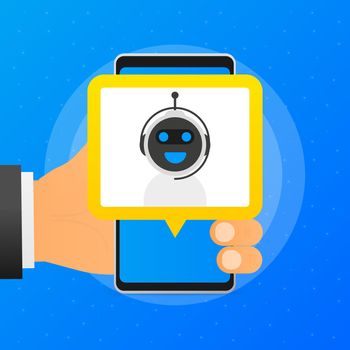 Hand holds phone with chat with bot on blue background. Vector illustration.