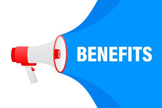 Benefits megaphone blue banner in 3D style on white background. Vector illustration.