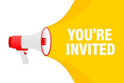 You are invited megaphone yellow banner in 3D style on white background. Vector illustration.