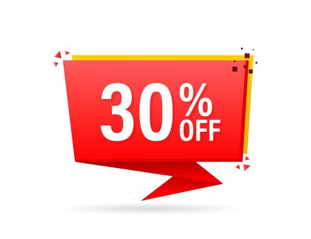 Trendy flat advertising with red 30 percent discount flat badge for promo design. Poster badge. Business design. Vector illustration.