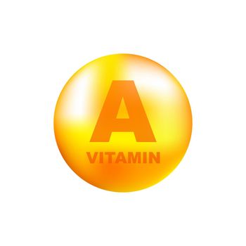 Vitamin A with realistic drop on gray background. Particles of vitamins in the middle. Vector illustration.