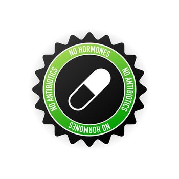 No hormones, no antibiotics green rubber stamp on white background. Realistic object. Vector illustration.