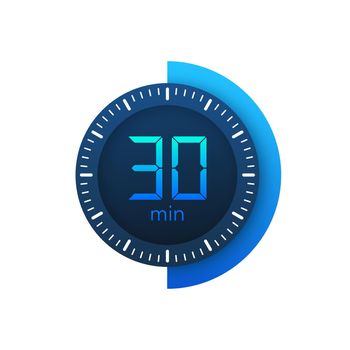 The 30 minutes, stopwatch vector icon. Stopwatch icon in flat style on a white background. Vector stock illustration.