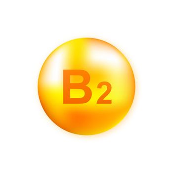 Vitamin B2 with realistic drop on gray background. Particles of vitamins in the middle. Vector illustration.