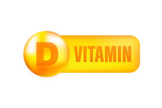 Vitamin D with realistic drop on gray background. Particles of vitamins in the middle. Vector illustration.
