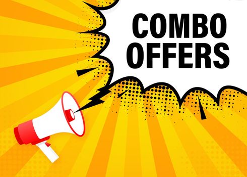 Combo offers megaphone yellow banner in 3D style. Vector illustration.