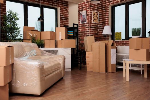 Nobody in living room house with decor boxes to move in