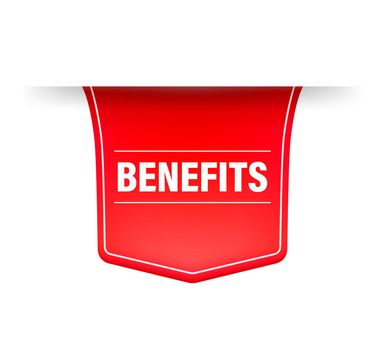 Benefits red ribbon in 3D style on white background. Vector illustration.
